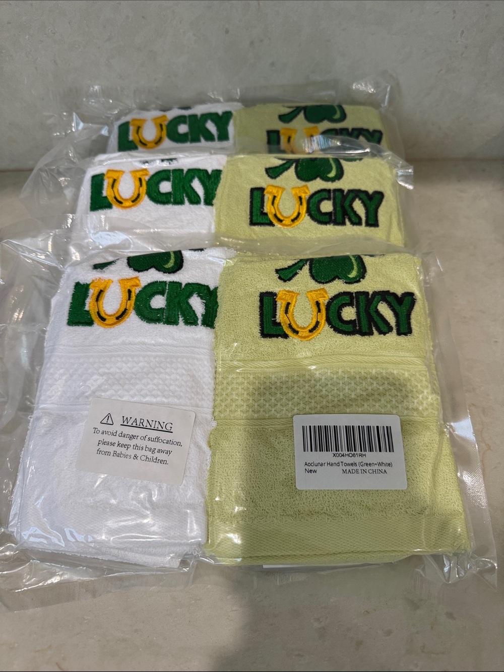 Lucky Embroidered Hand Towels - White & Light Green 3 sets  (Set of 2)